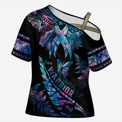 Polynesia Ribbon Butterflies Cross Shoulder Shirt Silver Fern Breast Cancer Support With Papua Shell Pattern