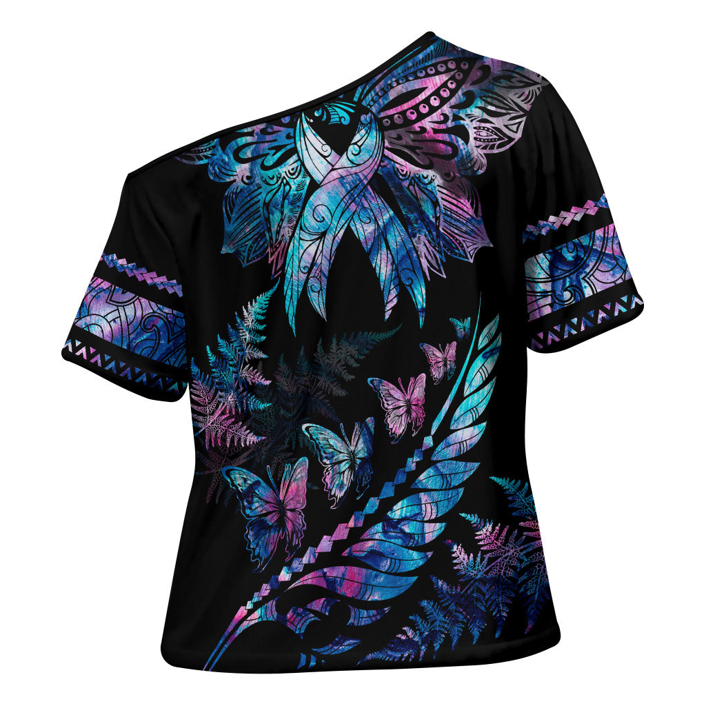 Polynesia Ribbon Butterflies Cross Shoulder Shirt Silver Fern Breast Cancer Support With Papua Shell Pattern