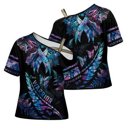 Polynesia Ribbon Butterflies Cross Shoulder Shirt Silver Fern Breast Cancer Support With Papua Shell Pattern