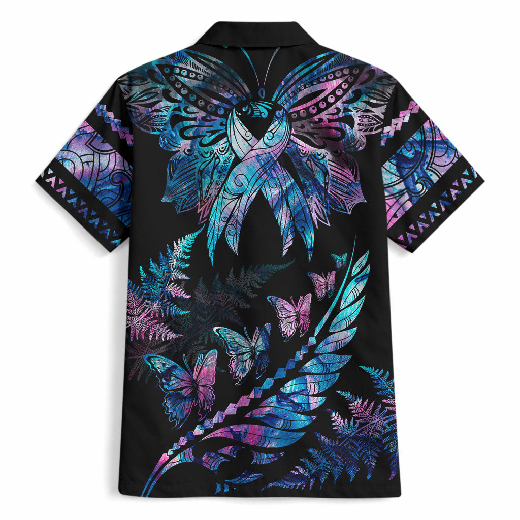 Polynesia Ribbon Butterflies Hawaiian Shirt Silver Fern Breast Cancer Support With Papua Shell Pattern