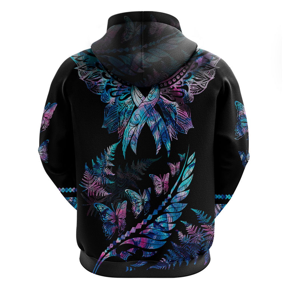Polynesia Ribbon Butterflies Hoodie Silver Fern Breast Cancer Support With Papua Shell Pattern