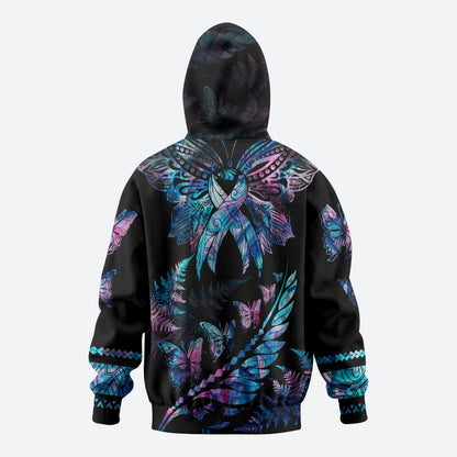 Polynesia Ribbon Butterflies Hoodie Silver Fern Breast Cancer Support With Papua Shell Pattern