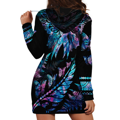 Polynesia Ribbon Butterflies Hoodie Dress Silver Fern Breast Cancer Support With Papua Shell Pattern