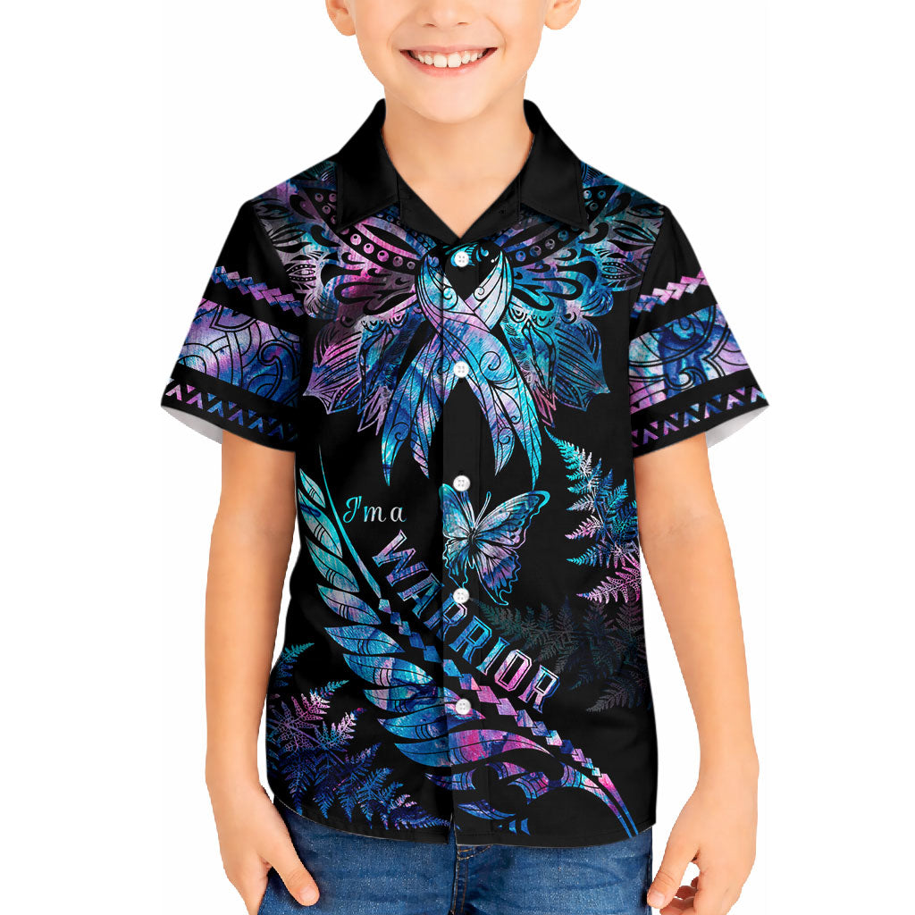 Polynesia Ribbon Butterflies Kid Hawaiian Shirt Silver Fern Breast Cancer Support With Papua Shell Pattern