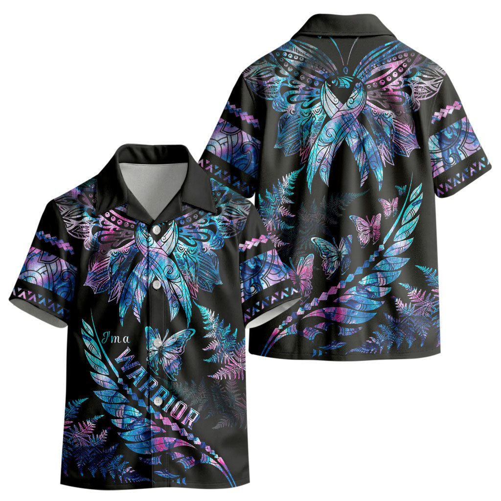 Polynesia Ribbon Butterflies Kid Hawaiian Shirt Silver Fern Breast Cancer Support With Papua Shell Pattern