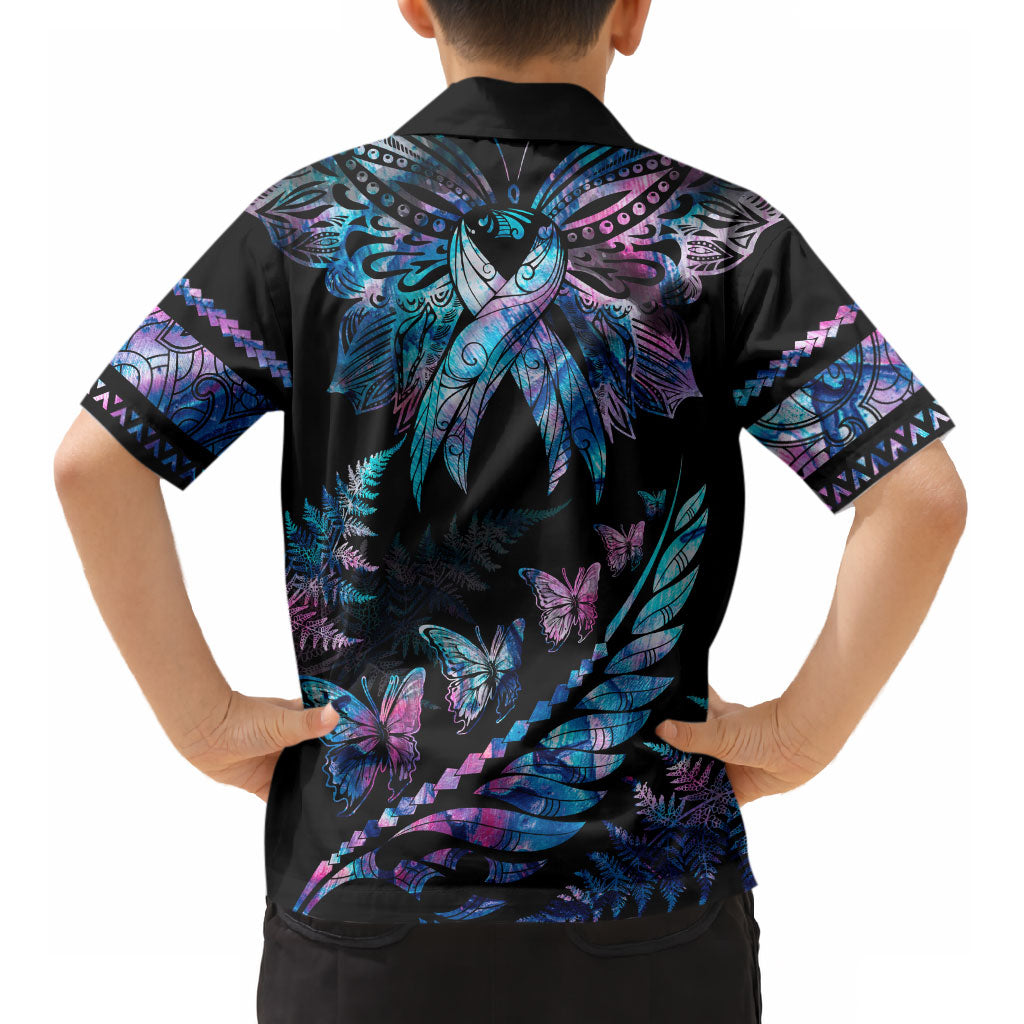Polynesia Ribbon Butterflies Kid Hawaiian Shirt Silver Fern Breast Cancer Support With Papua Shell Pattern