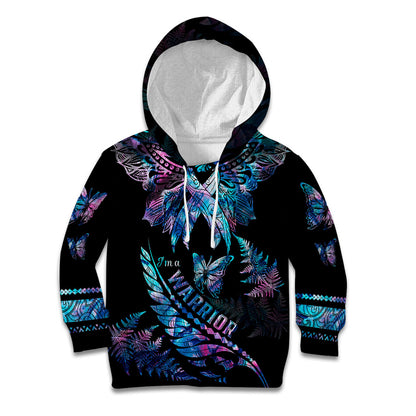 Polynesia Ribbon Butterflies Kid Hoodie Silver Fern Breast Cancer Support With Papua Shell Pattern