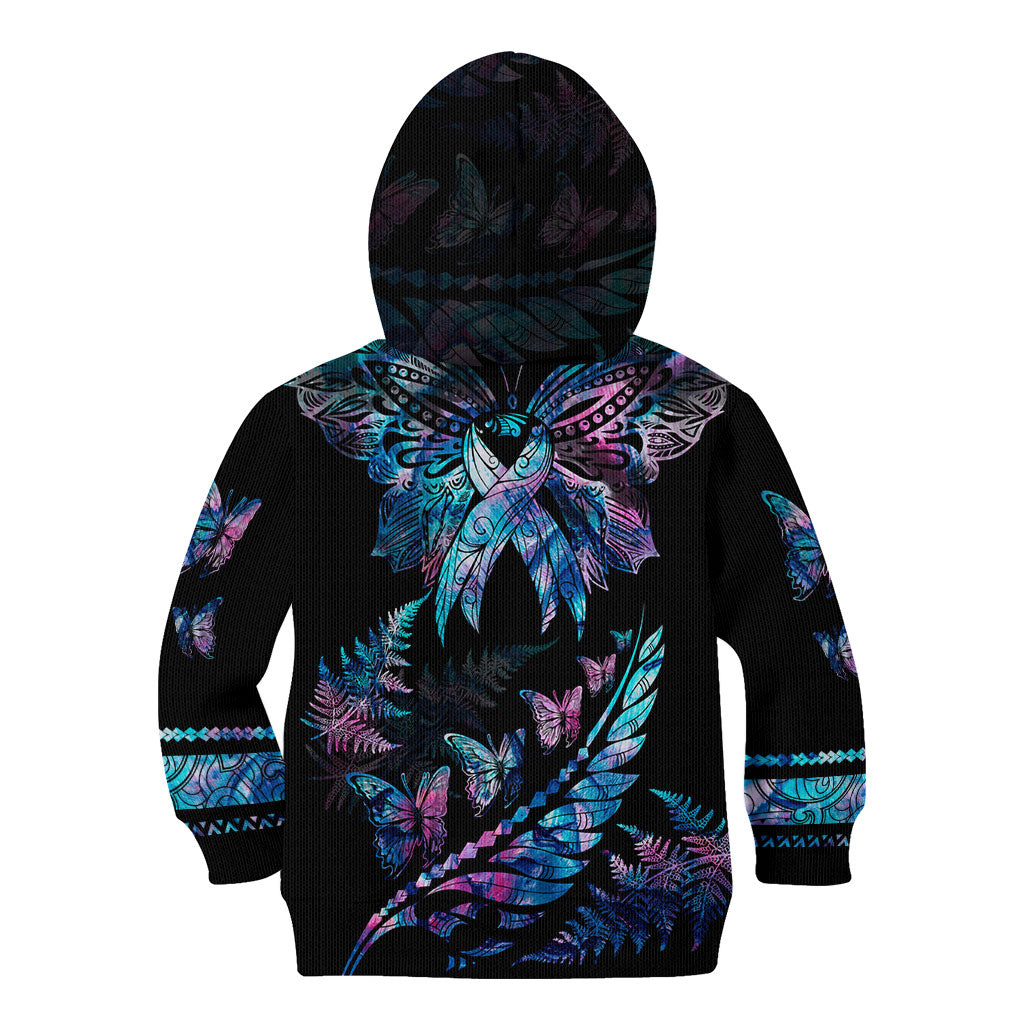 Polynesia Ribbon Butterflies Kid Hoodie Silver Fern Breast Cancer Support With Papua Shell Pattern