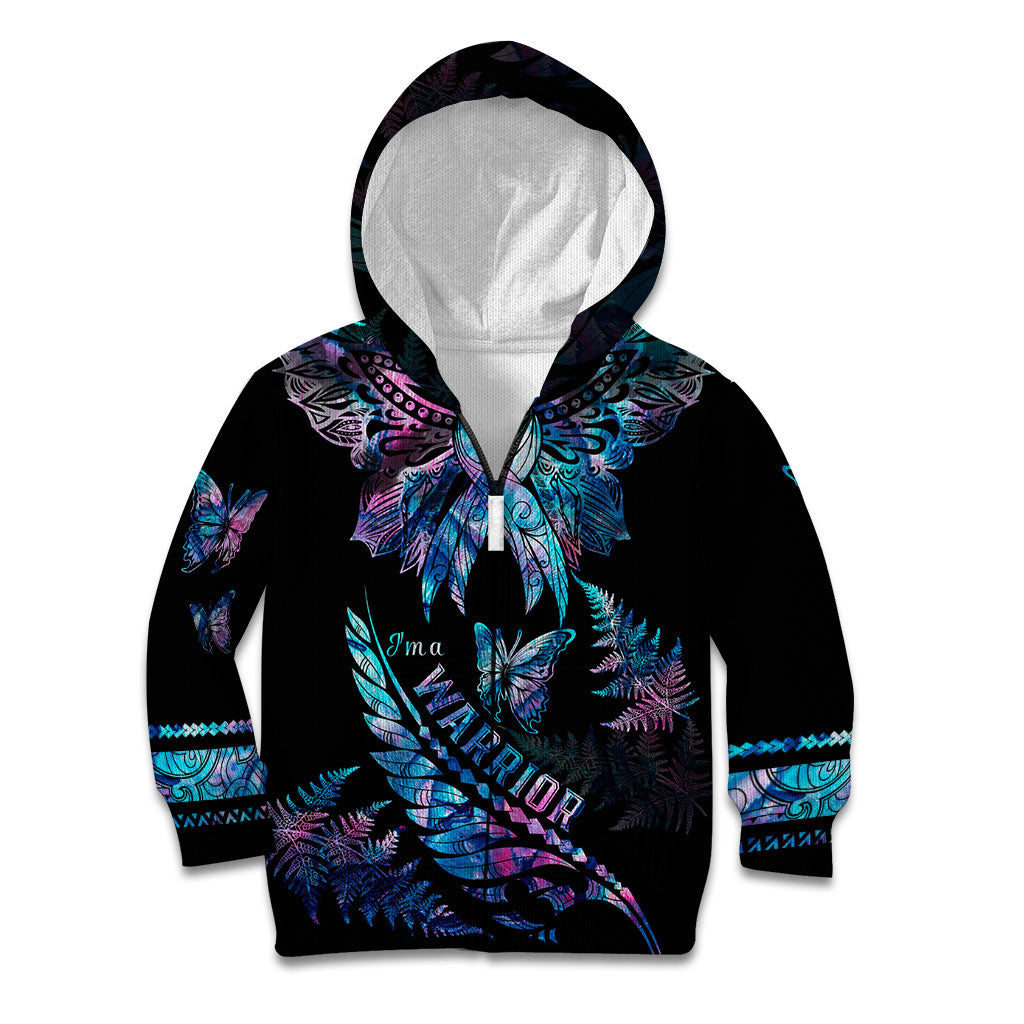 Polynesia Ribbon Butterflies Kid Hoodie Silver Fern Breast Cancer Support With Papua Shell Pattern