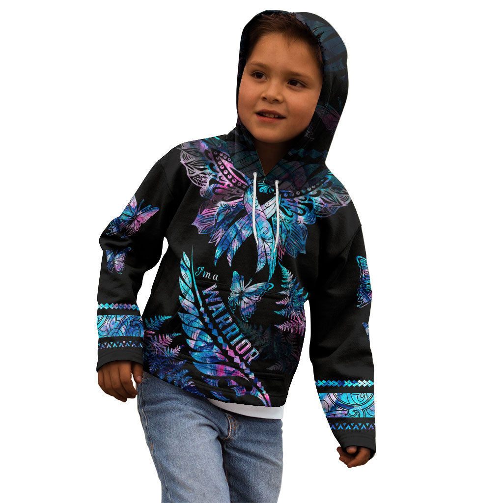 Polynesia Ribbon Butterflies Kid Hoodie Silver Fern Breast Cancer Support With Papua Shell Pattern