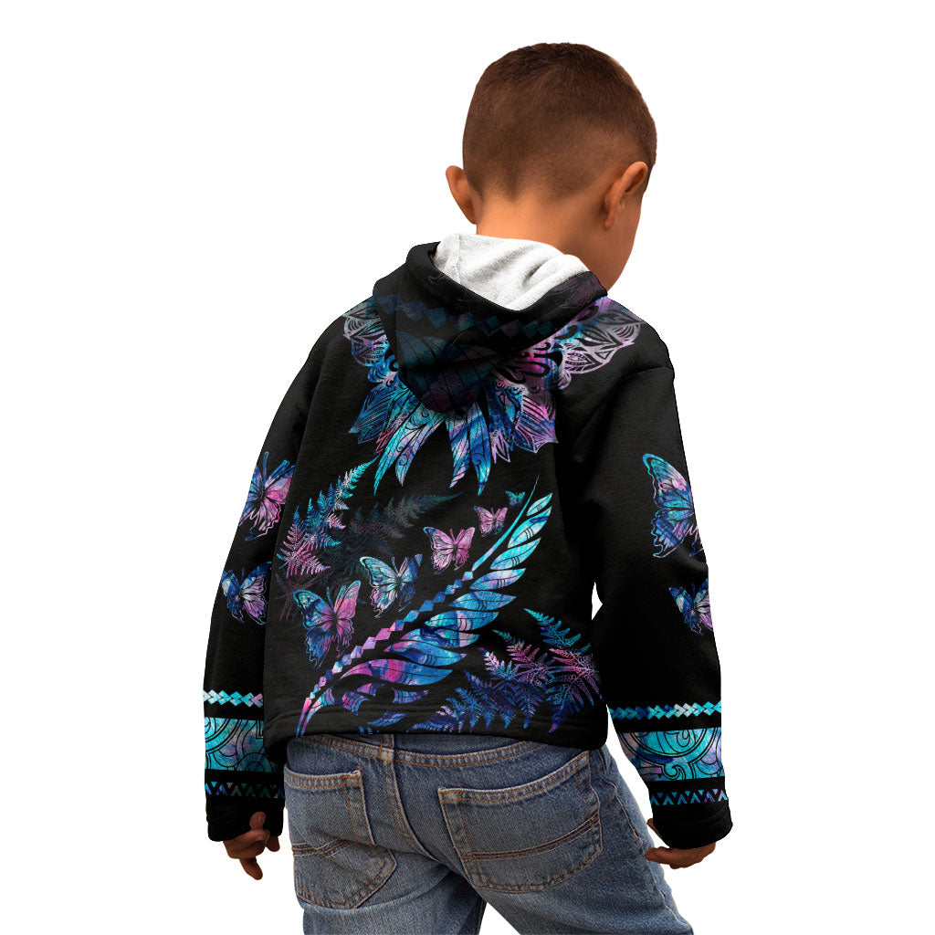 Polynesia Ribbon Butterflies Kid Hoodie Silver Fern Breast Cancer Support With Papua Shell Pattern