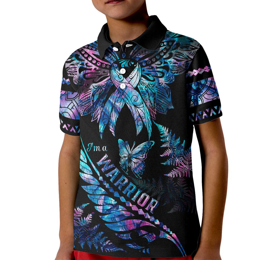 Polynesia Ribbon Butterflies Kid Polo Shirt Silver Fern Breast Cancer Support With Papua Shell Pattern
