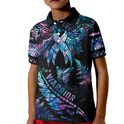 Polynesia Ribbon Butterflies Kid Polo Shirt Silver Fern Breast Cancer Support With Papua Shell Pattern