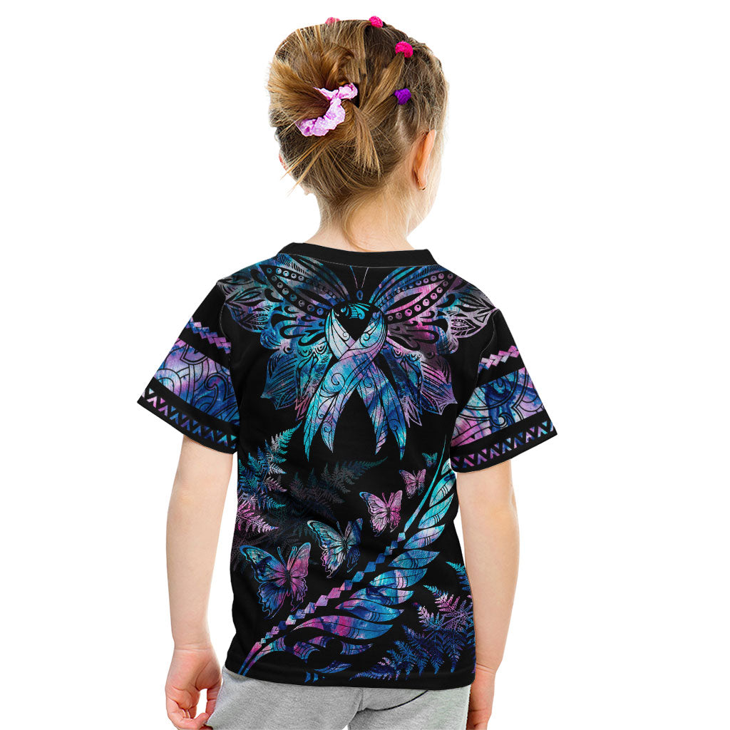 Polynesia Ribbon Butterflies Kid T Shirt Silver Fern Breast Cancer Support With Papua Shell Pattern