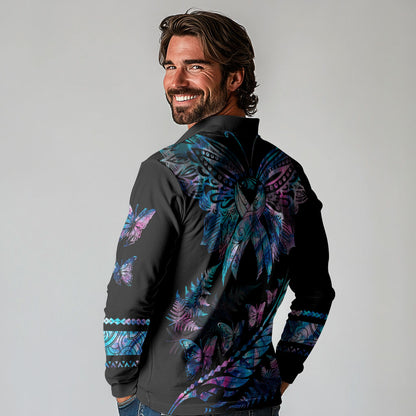 Polynesia Ribbon Butterflies Long Sleeve Polo Shirt Silver Fern Breast Cancer Support With Papua Shell Pattern