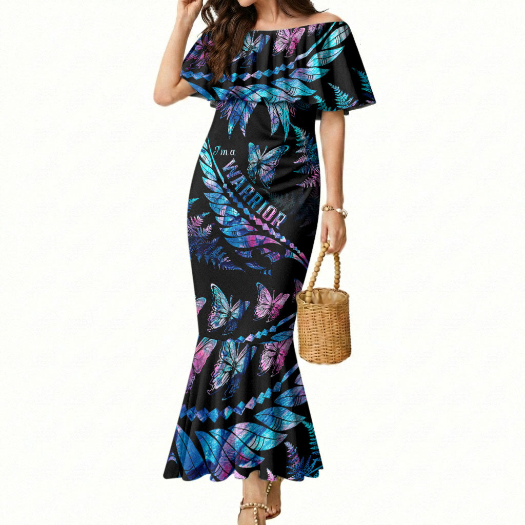 Polynesia Ribbon Butterflies Mermaid Dress Silver Fern Breast Cancer Support With Papua Shell Pattern