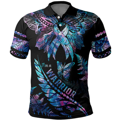 Polynesia Ribbon Butterflies Polo Shirt Silver Fern Breast Cancer Support With Papua Shell Pattern