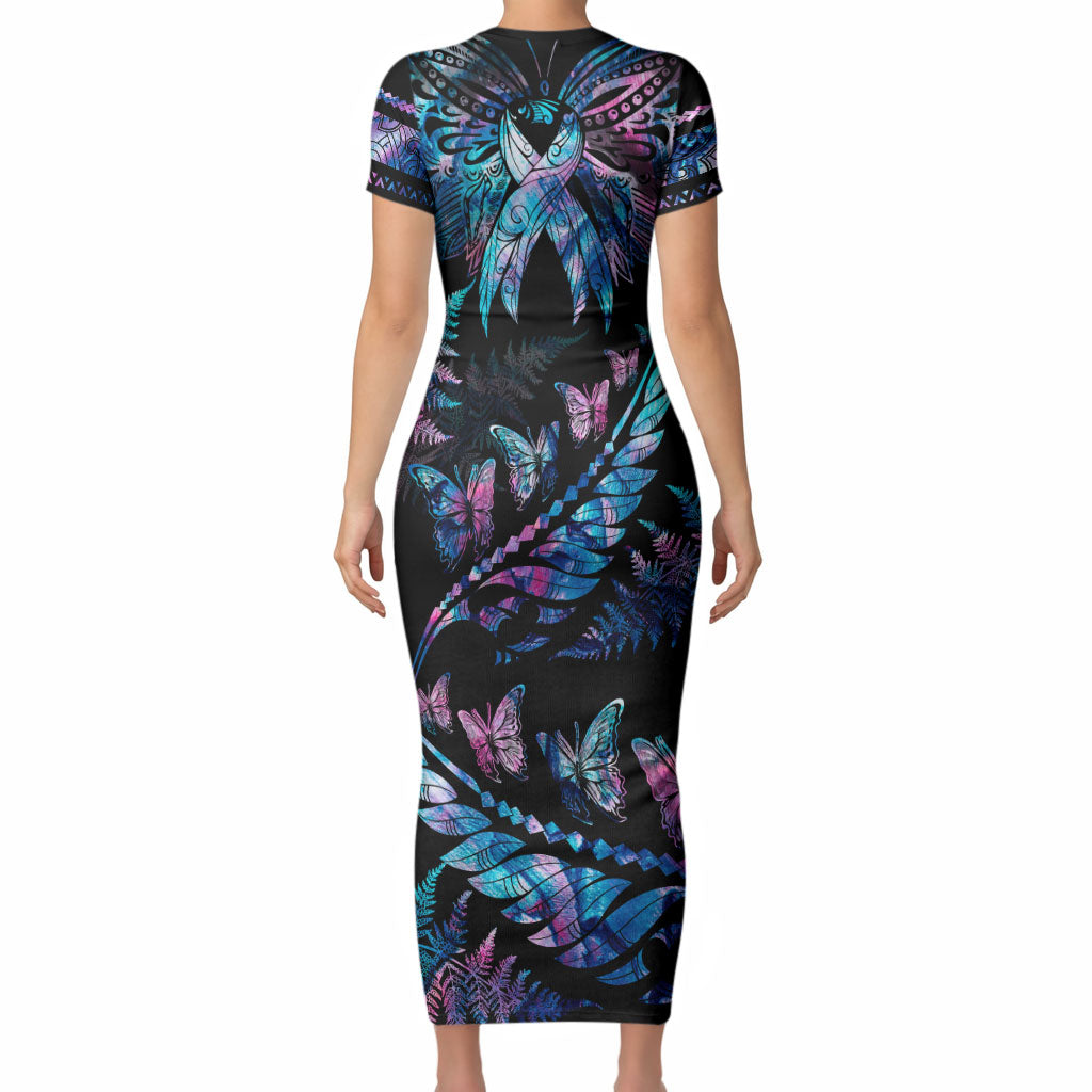 Polynesia Ribbon Butterflies Short Sleeve Bodycon Dress Silver Fern Breast Cancer Support With Papua Shell Pattern