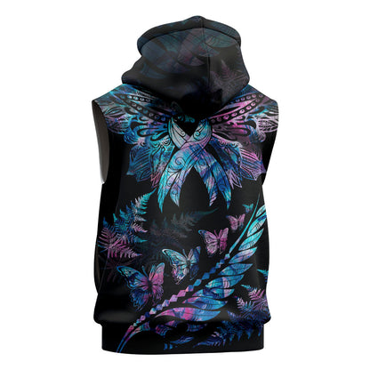 Polynesia Ribbon Butterflies Sleeveless Hoodie Silver Fern Breast Cancer Support With Papua Shell Pattern