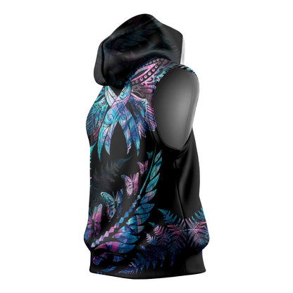 Polynesia Ribbon Butterflies Sleeveless Hoodie Silver Fern Breast Cancer Support With Papua Shell Pattern