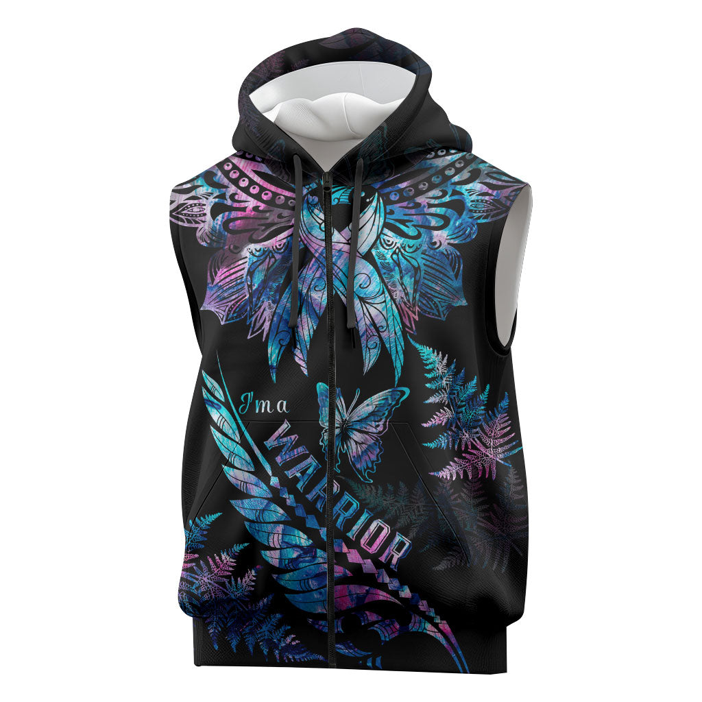 Polynesia Ribbon Butterflies Sleeveless Zip Hoodie Silver Fern Breast Cancer Support With Papua Shell Pattern