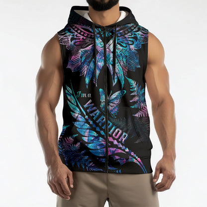 Polynesia Ribbon Butterflies Sleeveless Zip Hoodie Silver Fern Breast Cancer Support With Papua Shell Pattern