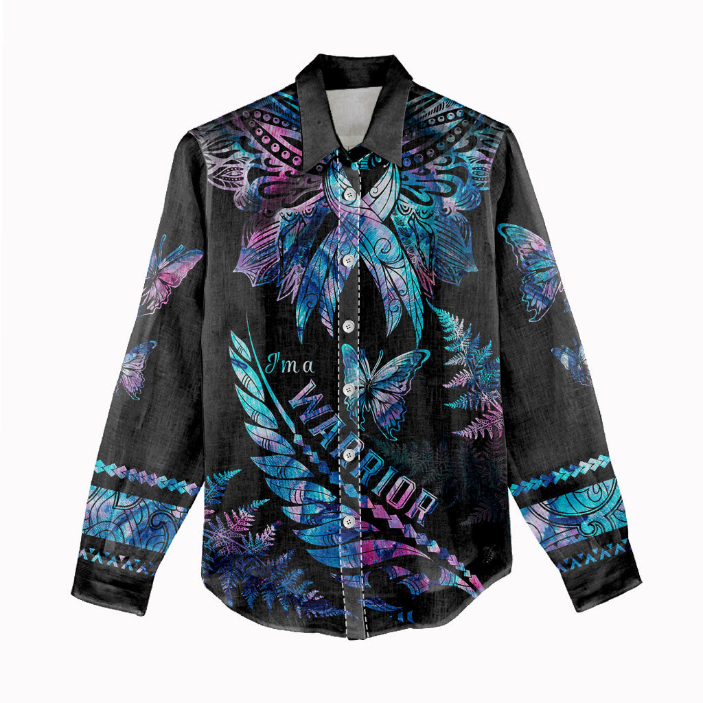 Polynesia Ribbon Butterflies Women Casual Shirt Silver Fern Breast Cancer Support With Papua Shell Pattern
