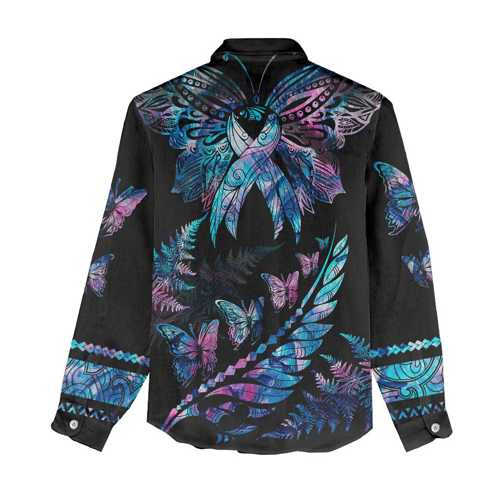 Polynesia Ribbon Butterflies Women Casual Shirt Silver Fern Breast Cancer Support With Papua Shell Pattern
