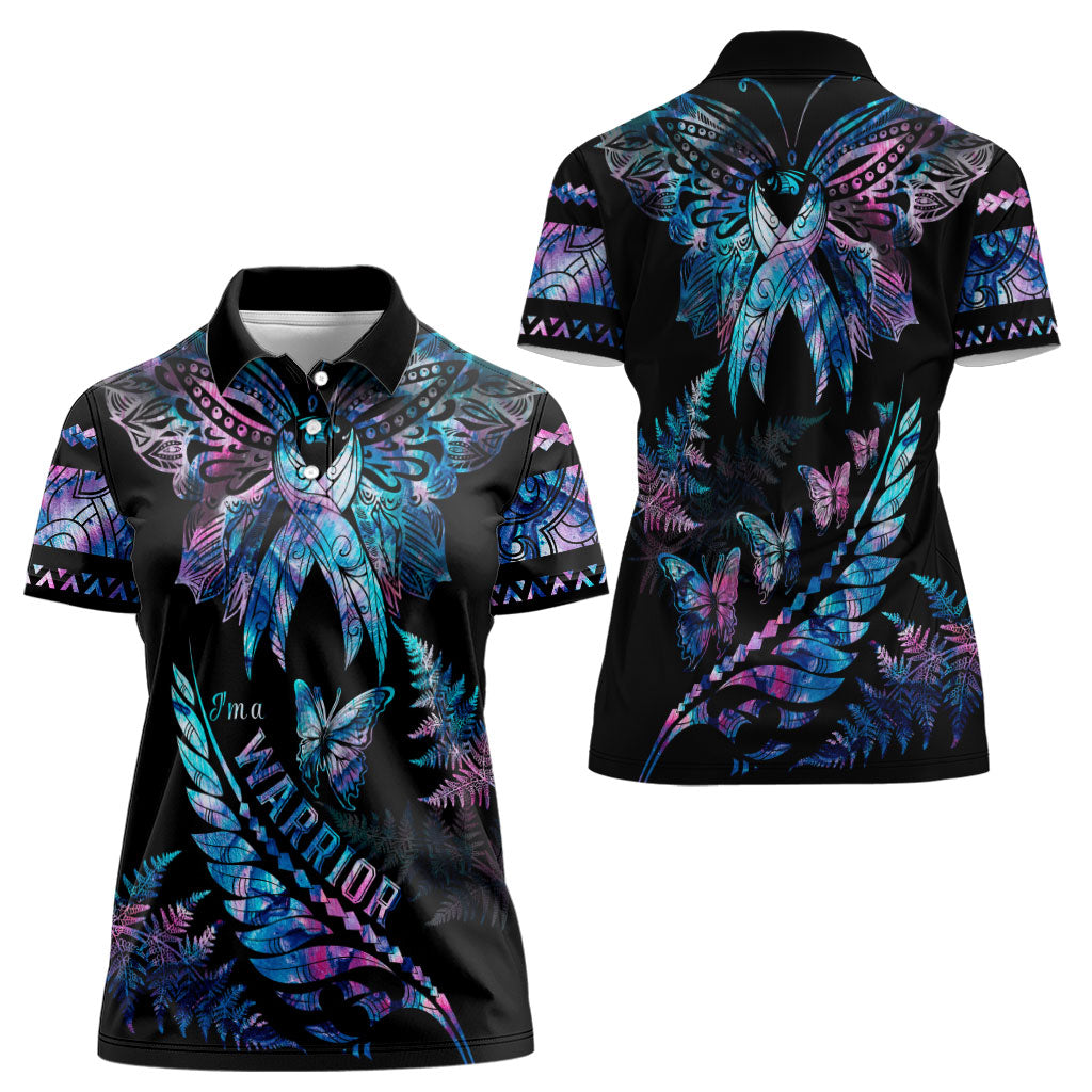 Polynesia Ribbon Butterflies Women Polo Shirt Silver Fern Breast Cancer Support With Papua Shell Pattern