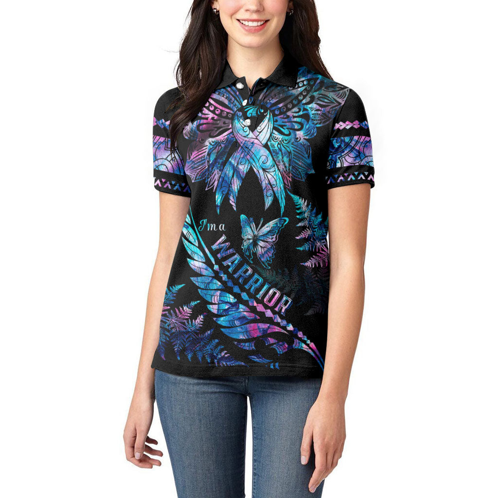 Polynesia Ribbon Butterflies Women Polo Shirt Silver Fern Breast Cancer Support With Papua Shell Pattern