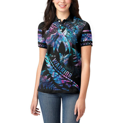 Polynesia Ribbon Butterflies Women Polo Shirt Silver Fern Breast Cancer Support With Papua Shell Pattern