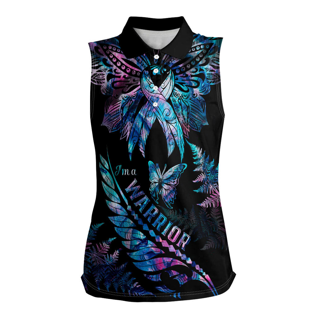 Polynesia Ribbon Butterflies Women Sleeveless Polo Shirt Silver Fern Breast Cancer Support With Papua Shell Pattern