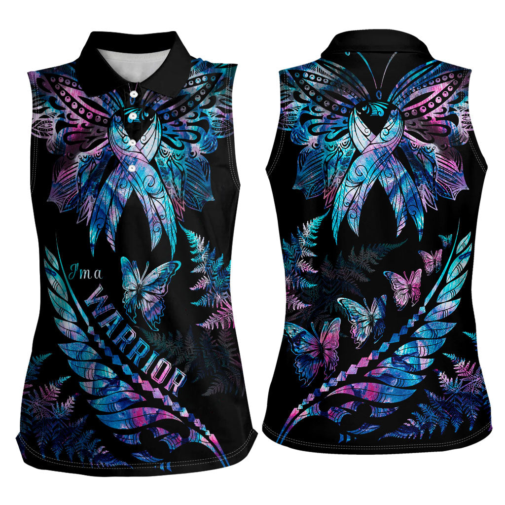 Polynesia Ribbon Butterflies Women Sleeveless Polo Shirt Silver Fern Breast Cancer Support With Papua Shell Pattern