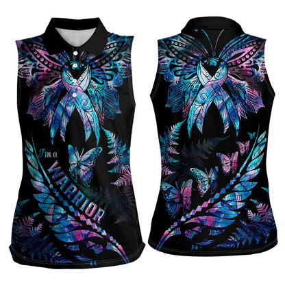 Polynesia Ribbon Butterflies Women Sleeveless Polo Shirt Silver Fern Breast Cancer Support With Papua Shell Pattern
