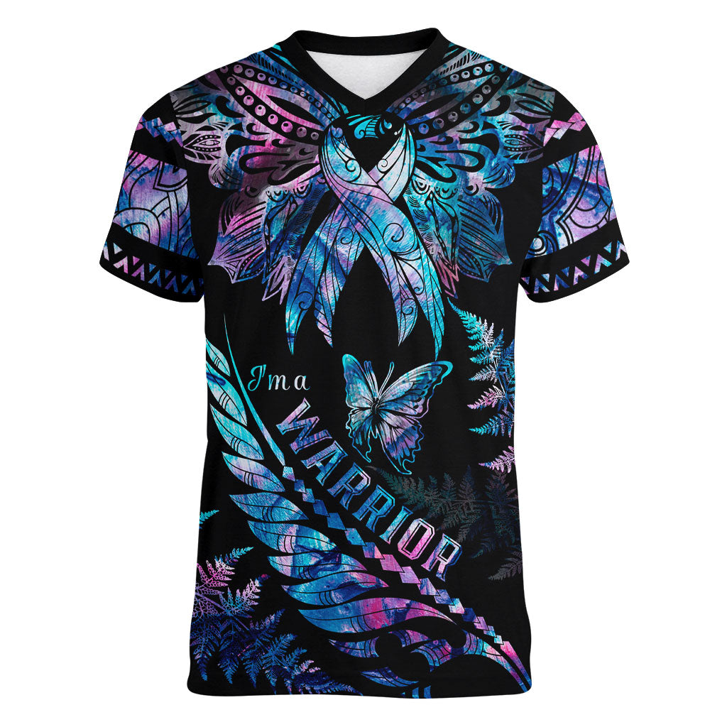 Polynesia Ribbon Butterflies Women V-Neck T-Shirt Silver Fern Breast Cancer Support With Papua Shell Pattern