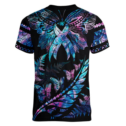 Polynesia Ribbon Butterflies Women V-Neck T-Shirt Silver Fern Breast Cancer Support With Papua Shell Pattern