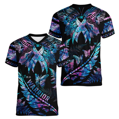 Polynesia Ribbon Butterflies Women V-Neck T-Shirt Silver Fern Breast Cancer Support With Papua Shell Pattern