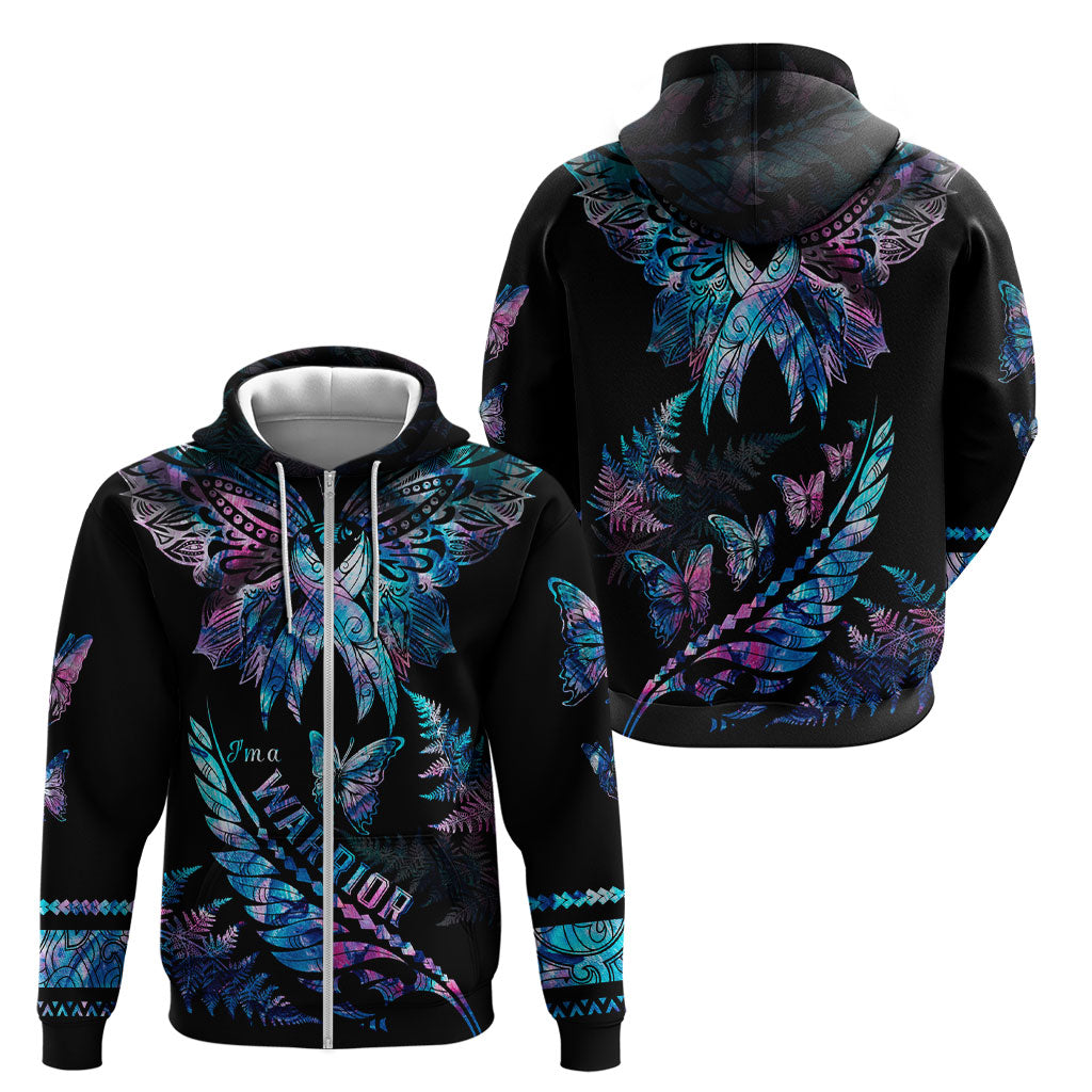 Polynesia Ribbon Butterflies Zip Hoodie Silver Fern Breast Cancer Support With Papua Shell Pattern