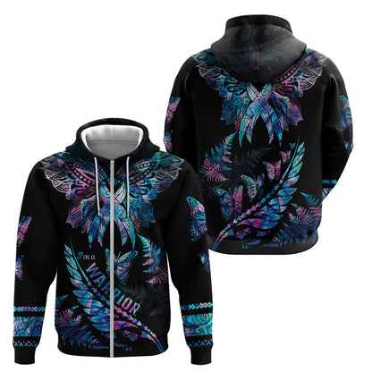 Polynesia Ribbon Butterflies Zip Hoodie Silver Fern Breast Cancer Support With Papua Shell Pattern