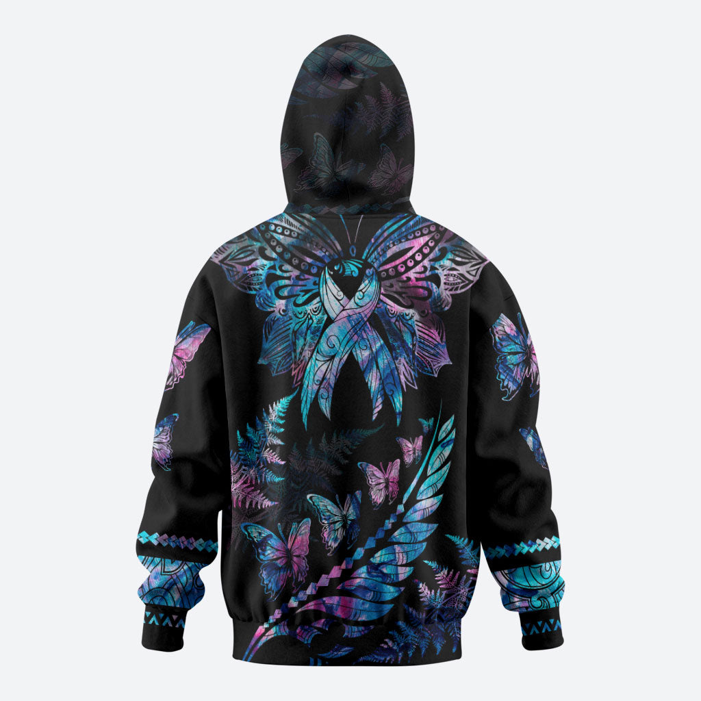 Polynesia Ribbon Butterflies Zip Hoodie Silver Fern Breast Cancer Support With Papua Shell Pattern