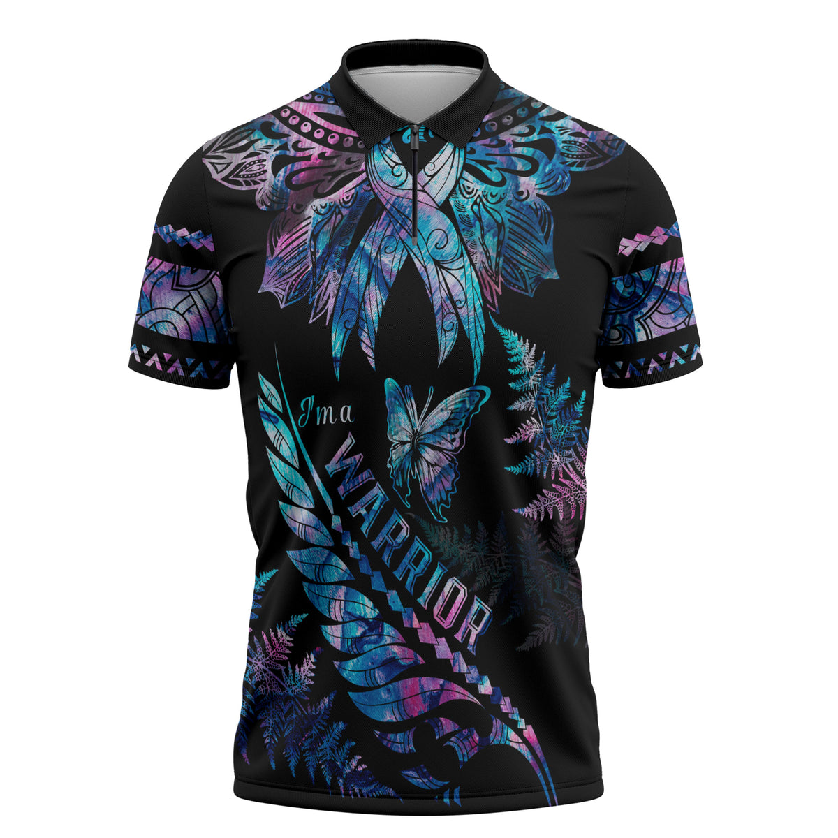 Polynesia Ribbon Butterflies Zipper Polo Shirt Silver Fern Breast Cancer Support With Papua Shell Pattern