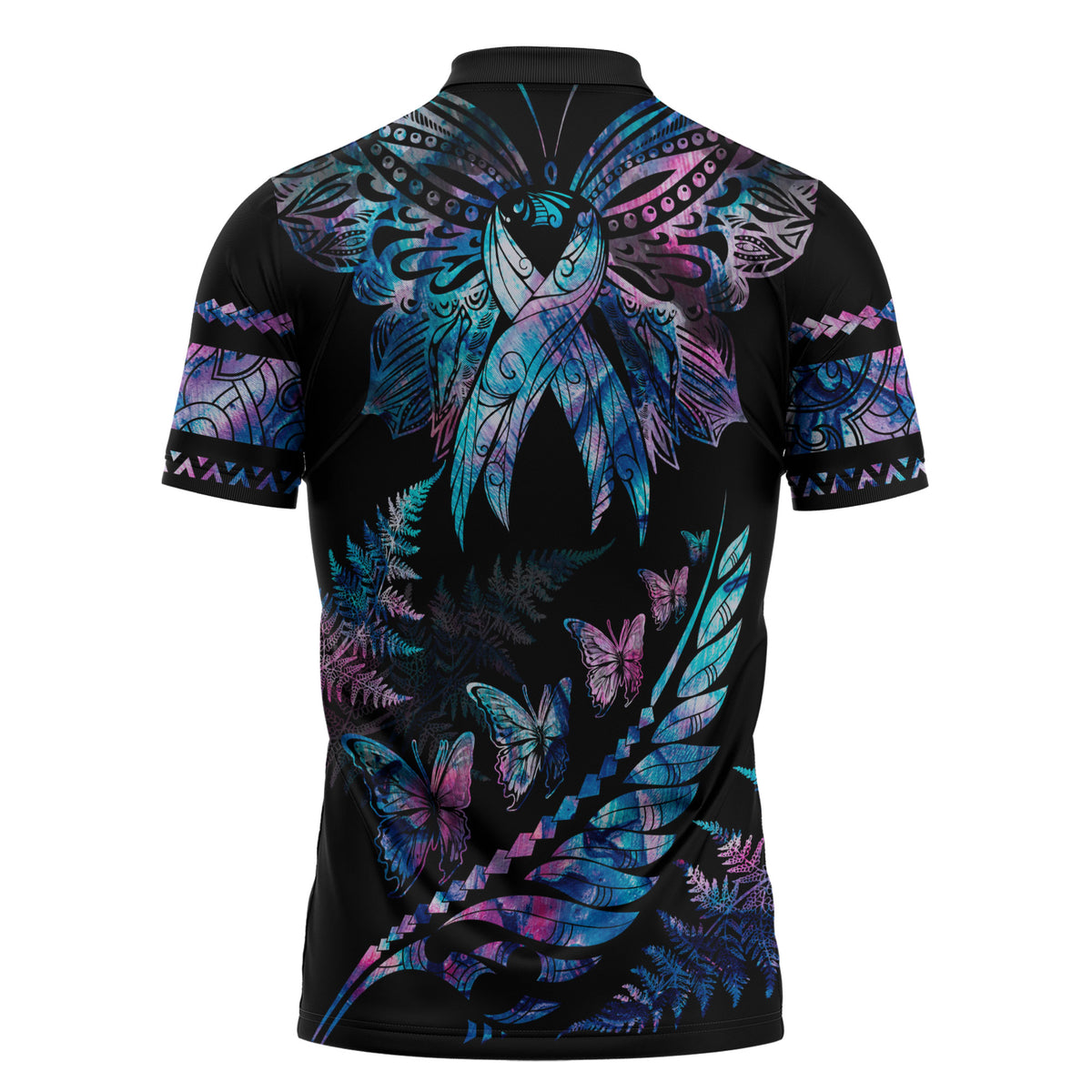 Polynesia Ribbon Butterflies Zipper Polo Shirt Silver Fern Breast Cancer Support With Papua Shell Pattern