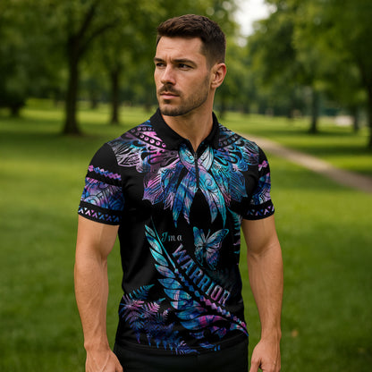 Polynesia Ribbon Butterflies Zipper Polo Shirt Silver Fern Breast Cancer Support With Papua Shell Pattern