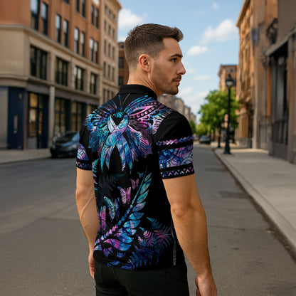 Polynesia Ribbon Butterflies Zipper Polo Shirt Silver Fern Breast Cancer Support With Papua Shell Pattern