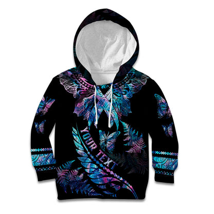 Personalised Polynesia Ribbon Butterflies Kid Hoodie Silver Fern Breast Cancer Support With Papua Shell Pattern