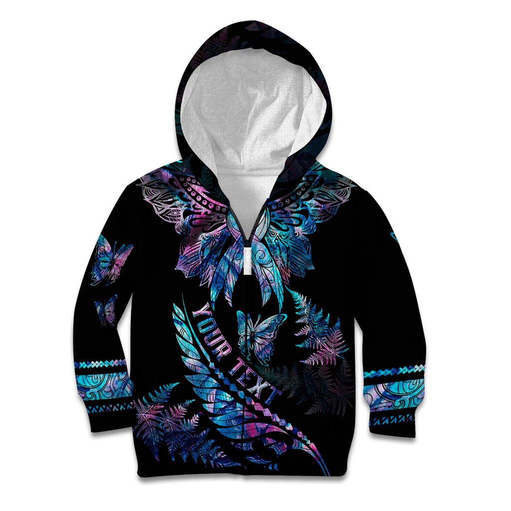 Personalised Polynesia Ribbon Butterflies Kid Hoodie Silver Fern Breast Cancer Support With Papua Shell Pattern