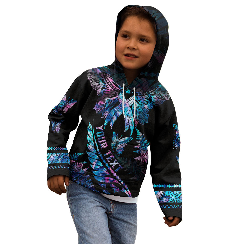 Personalised Polynesia Ribbon Butterflies Kid Hoodie Silver Fern Breast Cancer Support With Papua Shell Pattern