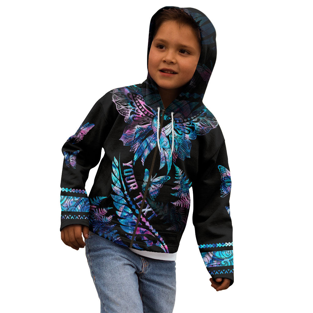 Personalised Polynesia Ribbon Butterflies Kid Hoodie Silver Fern Breast Cancer Support With Papua Shell Pattern
