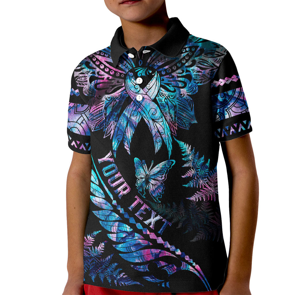 Personalised Polynesia Ribbon Butterflies Kid Polo Shirt Silver Fern Breast Cancer Support With Papua Shell Pattern