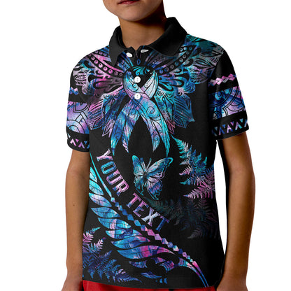 Personalised Polynesia Ribbon Butterflies Kid Polo Shirt Silver Fern Breast Cancer Support With Papua Shell Pattern